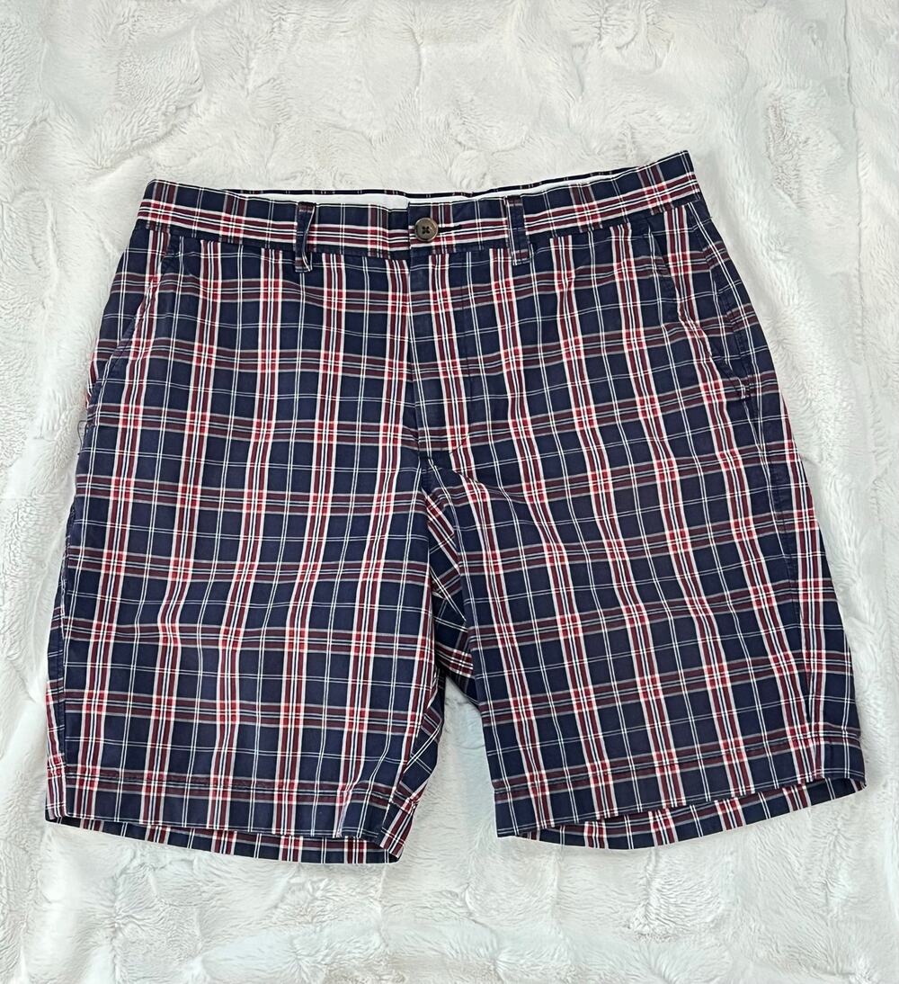 J. Crew Gramercy Plaid Shorts Mens 32 Chino Button Blue Red Preppy Vintage 32W